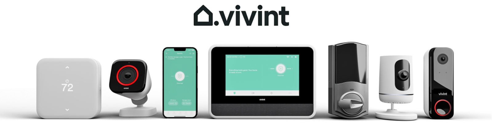 Vivint Logo and their home security devices lined up
